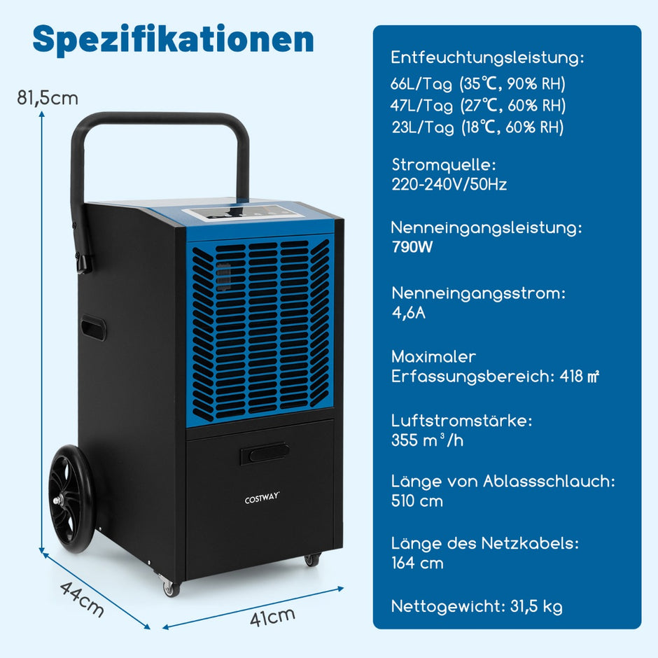 Kommersiell – avfuktare med pump och avloppsslang timmarstimer hjul – 24 4 – Blå