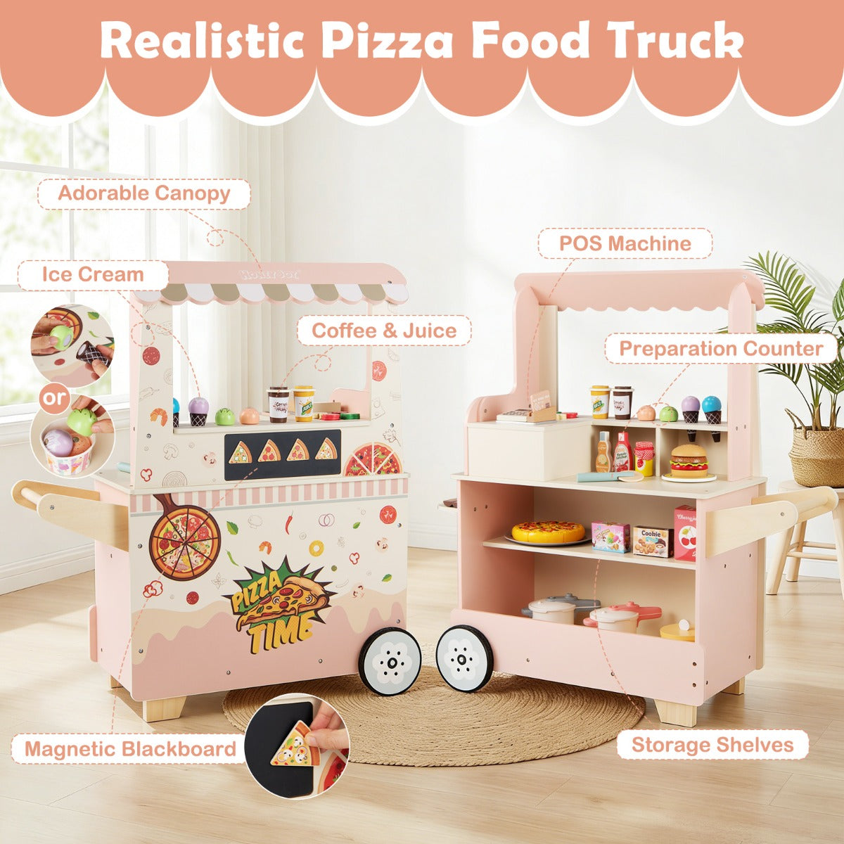 Barn – Pizza Food Truck Trä Snackvagn för rollspel med ugn magnetisk tavla – Rosa