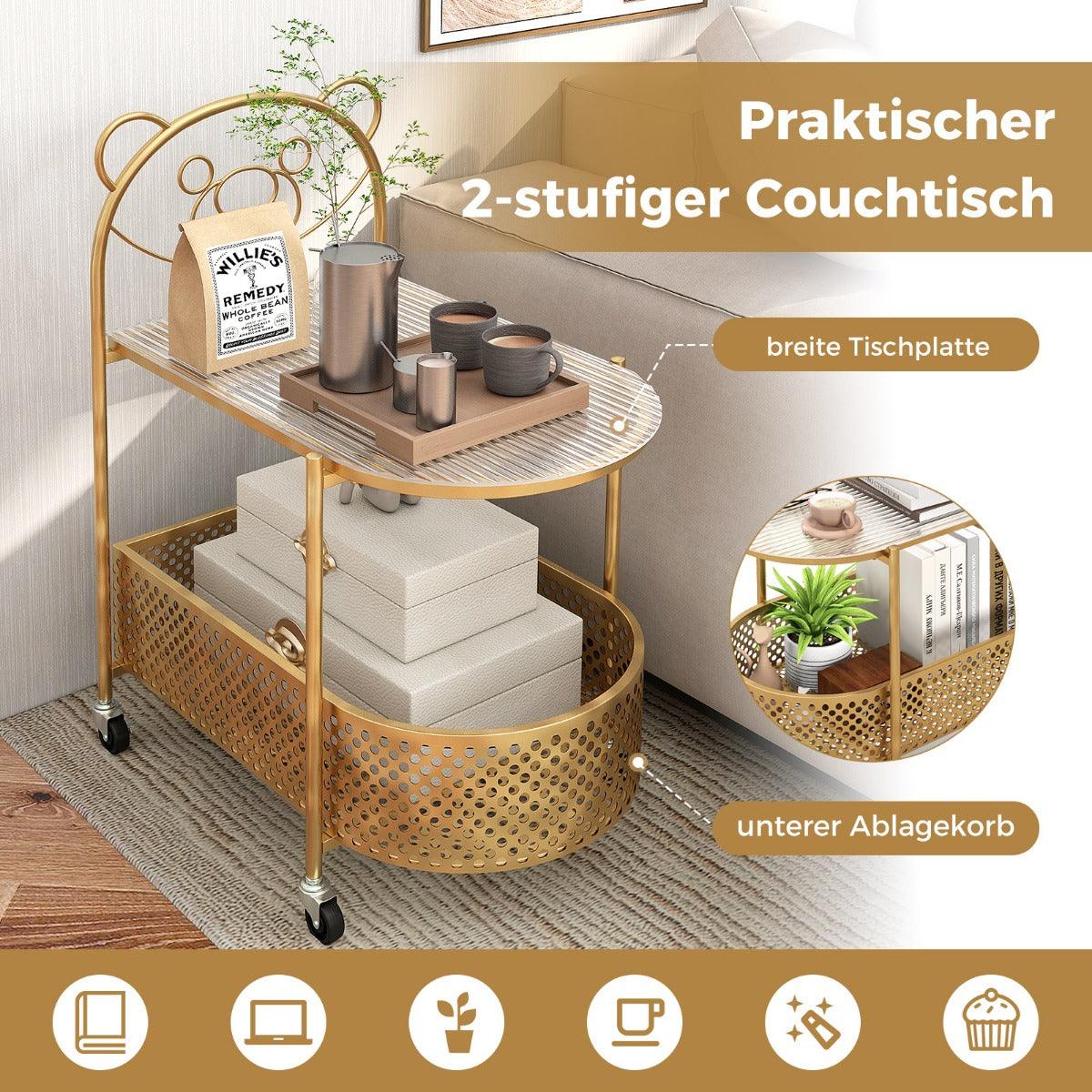 Sidobord – glas med hjul vånings björnmönster Gyllene – 2 60 x 40 x 76 cm – Guld