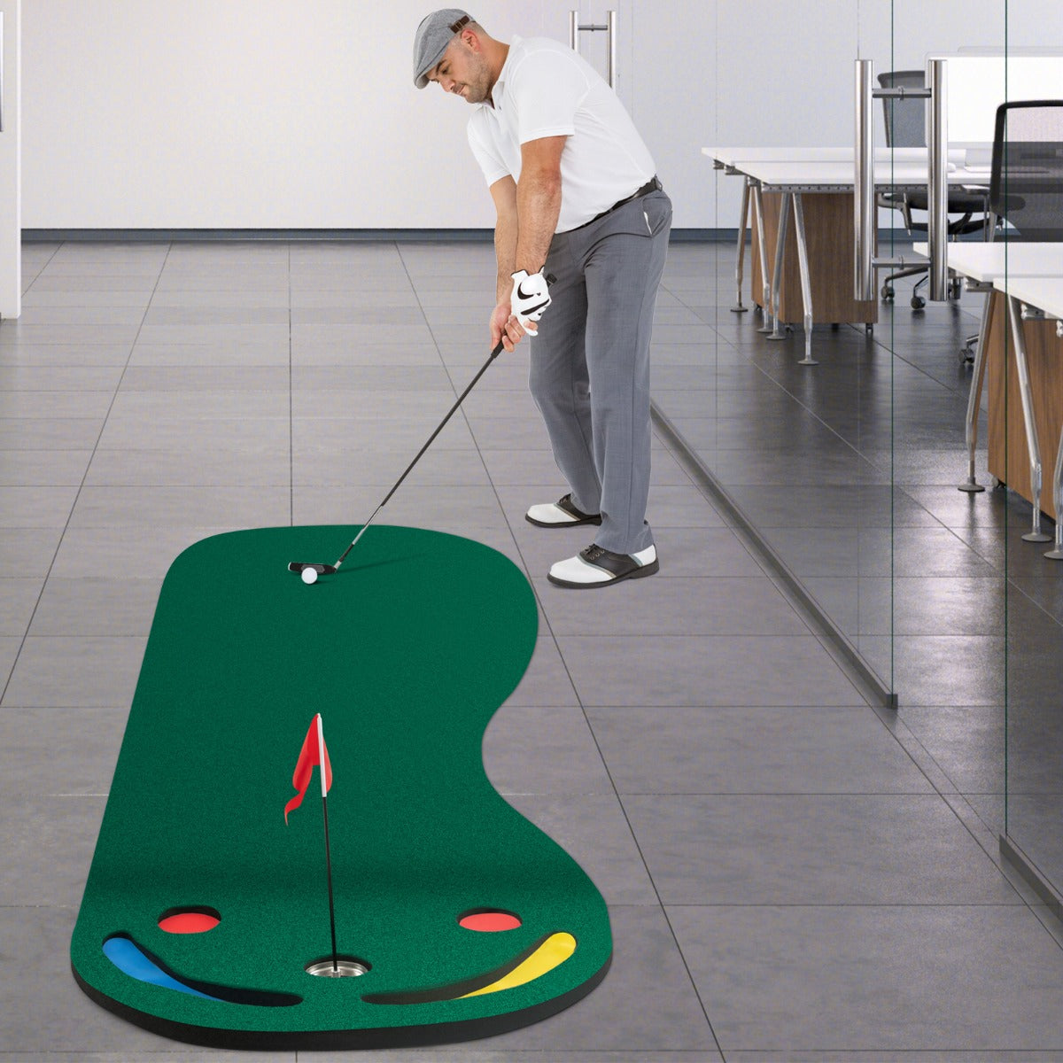 Golfputtmatta – med puttkoppar och flaggvikbar golfmatta Övningsmatta – 3 1 300 x 96 cm – Grön