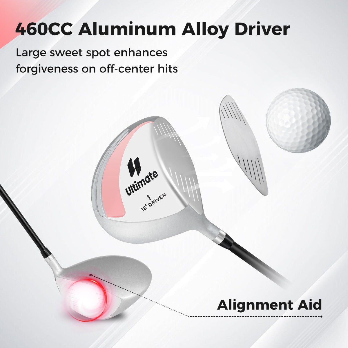 Dam – Golf Driver 460CC i aluminium för högerhänta, med grafitskaft och klubbskydd – Rosa