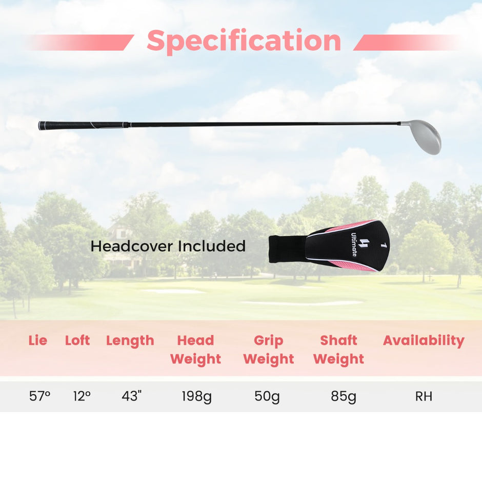 Dam – Golf Driver 460CC i aluminium för högerhänta, med grafitskaft och klubbskydd – Rosa