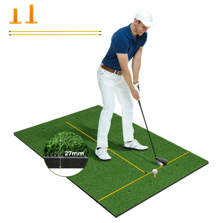 i – golf tee matta med konstgräs, tees, inriktningsstänger och förborrade hål – 3 1 2 2 6 152 x 92 cm 27 mm – Grön