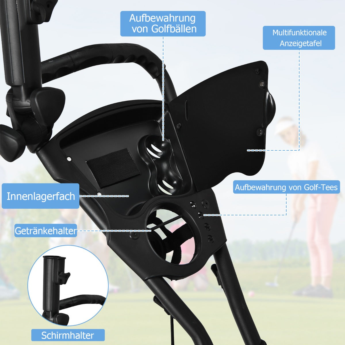 Wheel – Golf Trolley tillverkad av aluminium med paraplyhållare och T styckehållare förvaringsväska – 3 – Röd