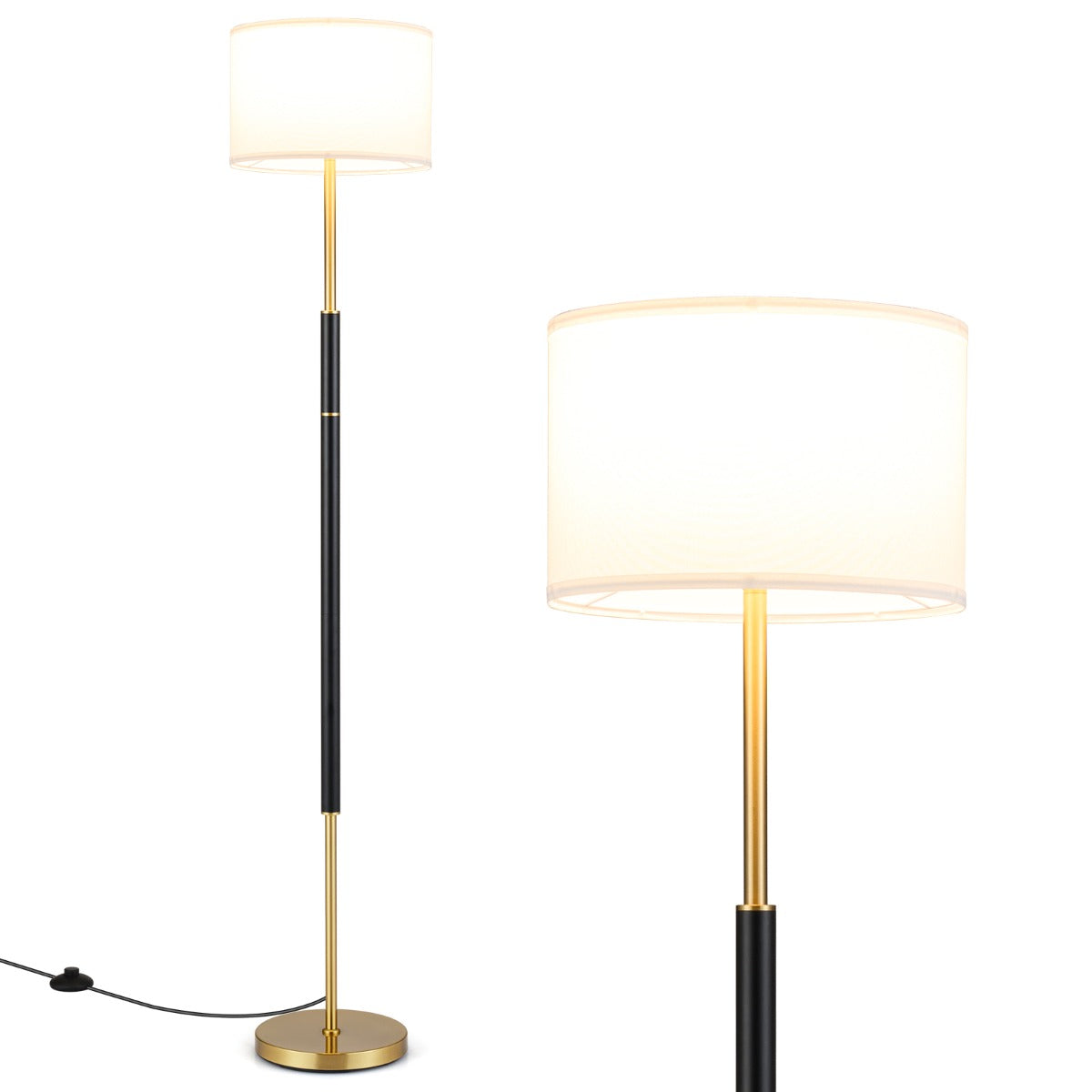 Stående – lampa med linneskärm, E27 sockel och fotbrytare – 165 cm – Svart