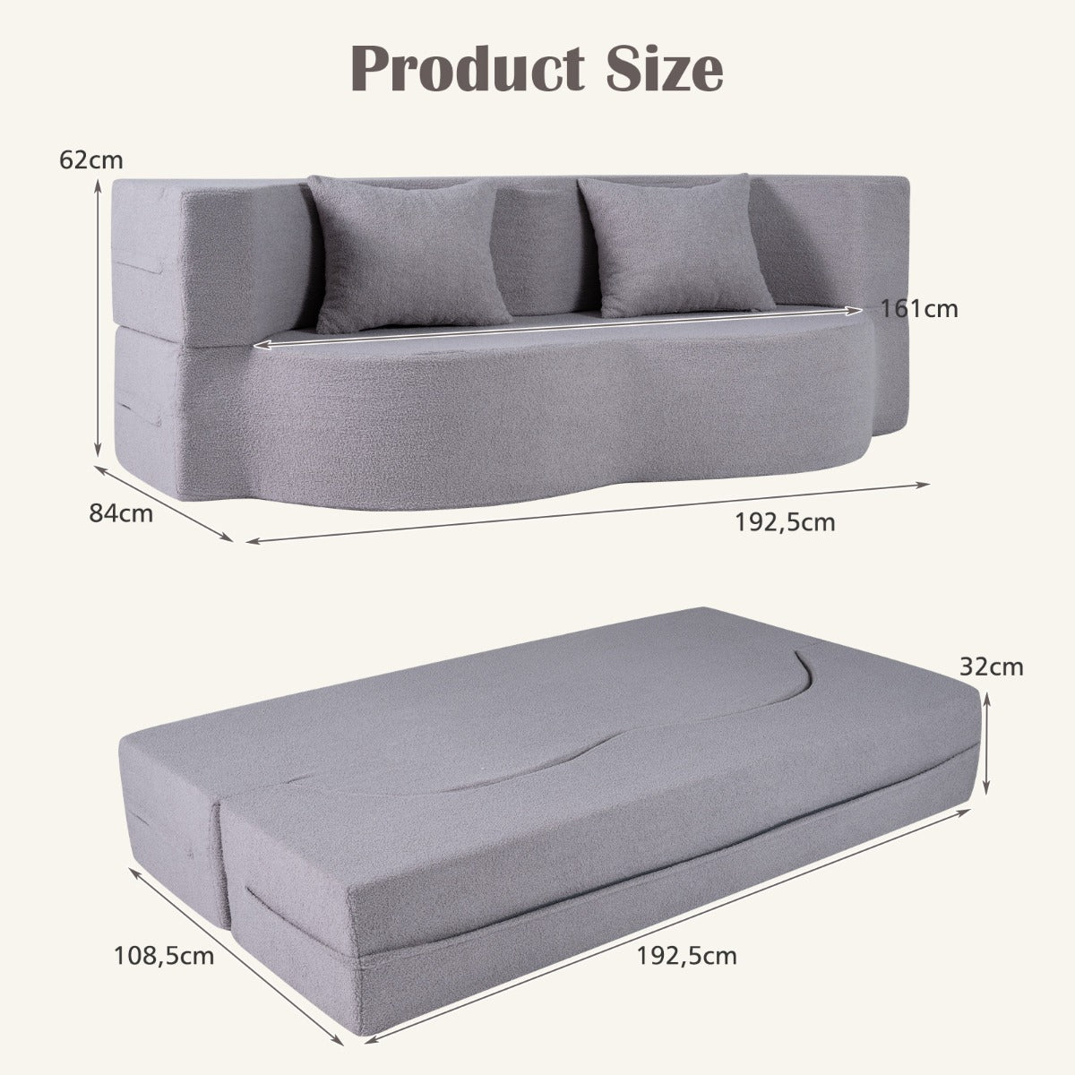 Soffa – med bekväma kuddar och minnesskum, benlös i Teddy fleece – 2 – Grå