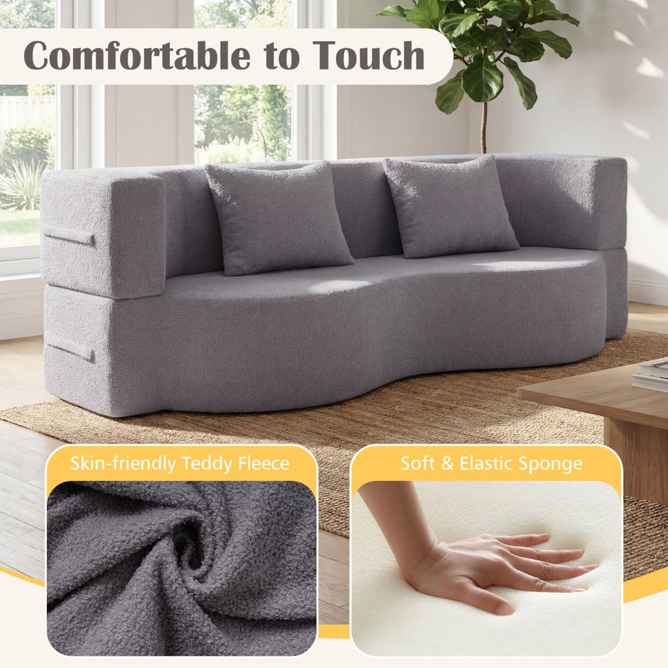 Soffa – med bekväma kuddar och minnesskum, benlös i Teddy fleece – 2 – Grå