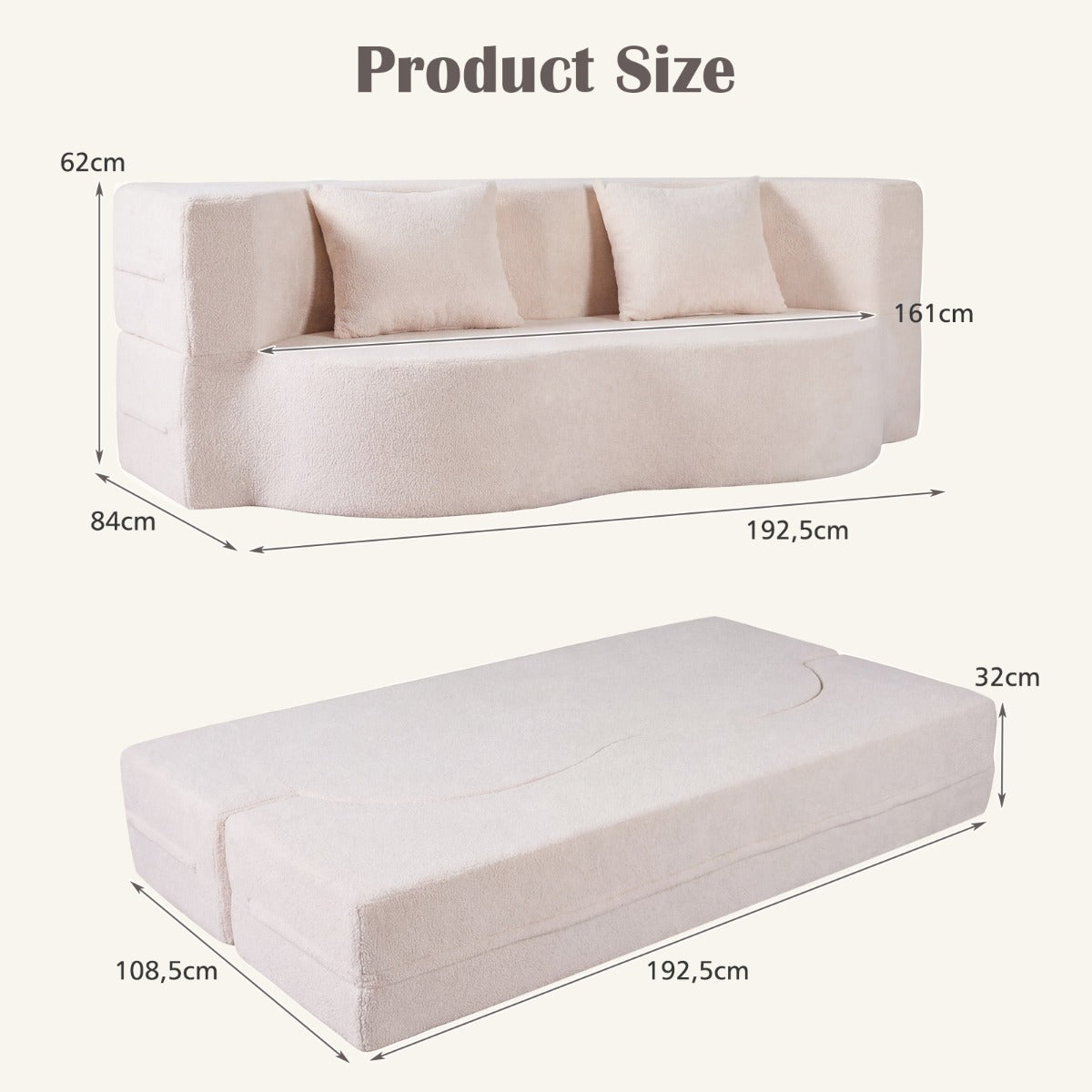 Soffasäng – med bekväma kuddar och minnesskum, benlös soffa/säng i Teddy fleece – 2 – Beige