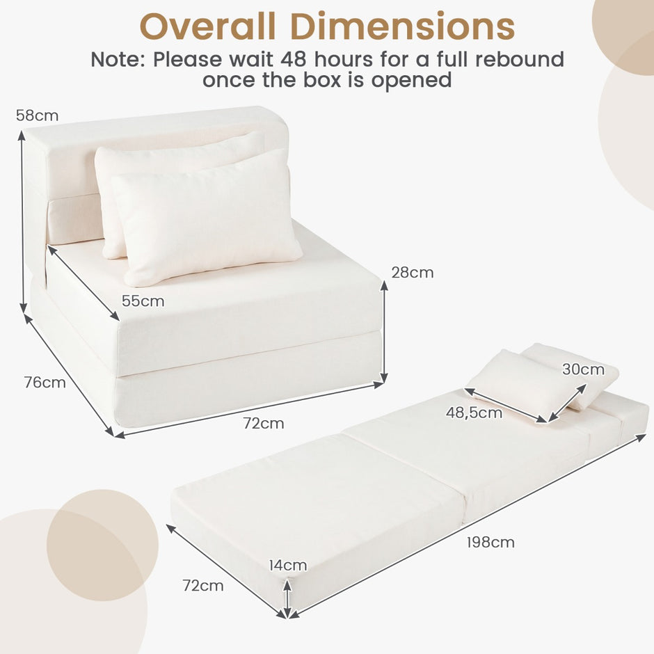 i – Fällbar soffa/säng av chenille med kudde för vardagsrum, sovrum eller hemtkontor – 3 1 2 – Beige