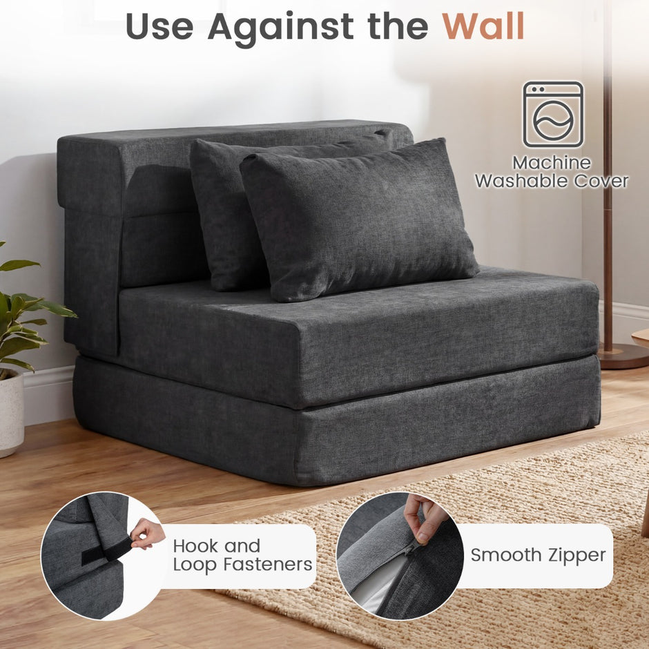 i – Fällbar sängsoffa i chenille med kudde för vardagsrum, sovrum och hemtkontor – 3 1 2 – Grå