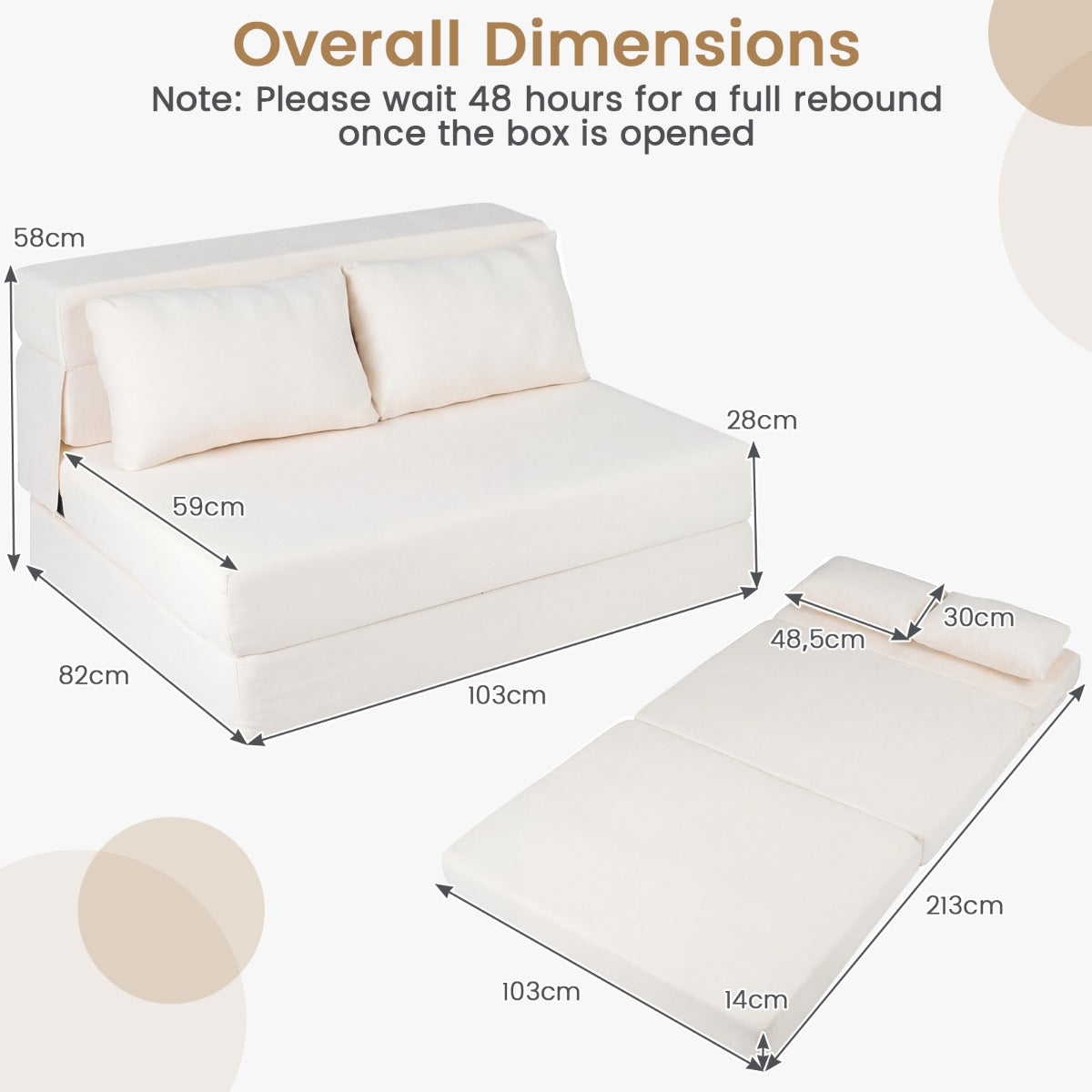 Fällbar – sängsoffa i i chenille med kudde för vardagsrum, sovrum och hemtkontor – 3 1 2 – Beige