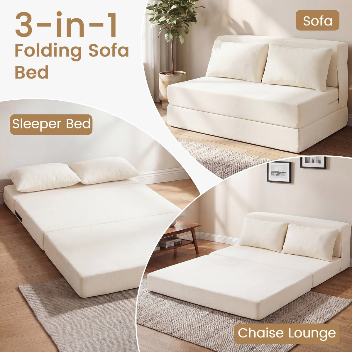 Fällbar – sängsoffa i i chenille med kudde för vardagsrum, sovrum och hemtkontor – 3 1 2 – Beige