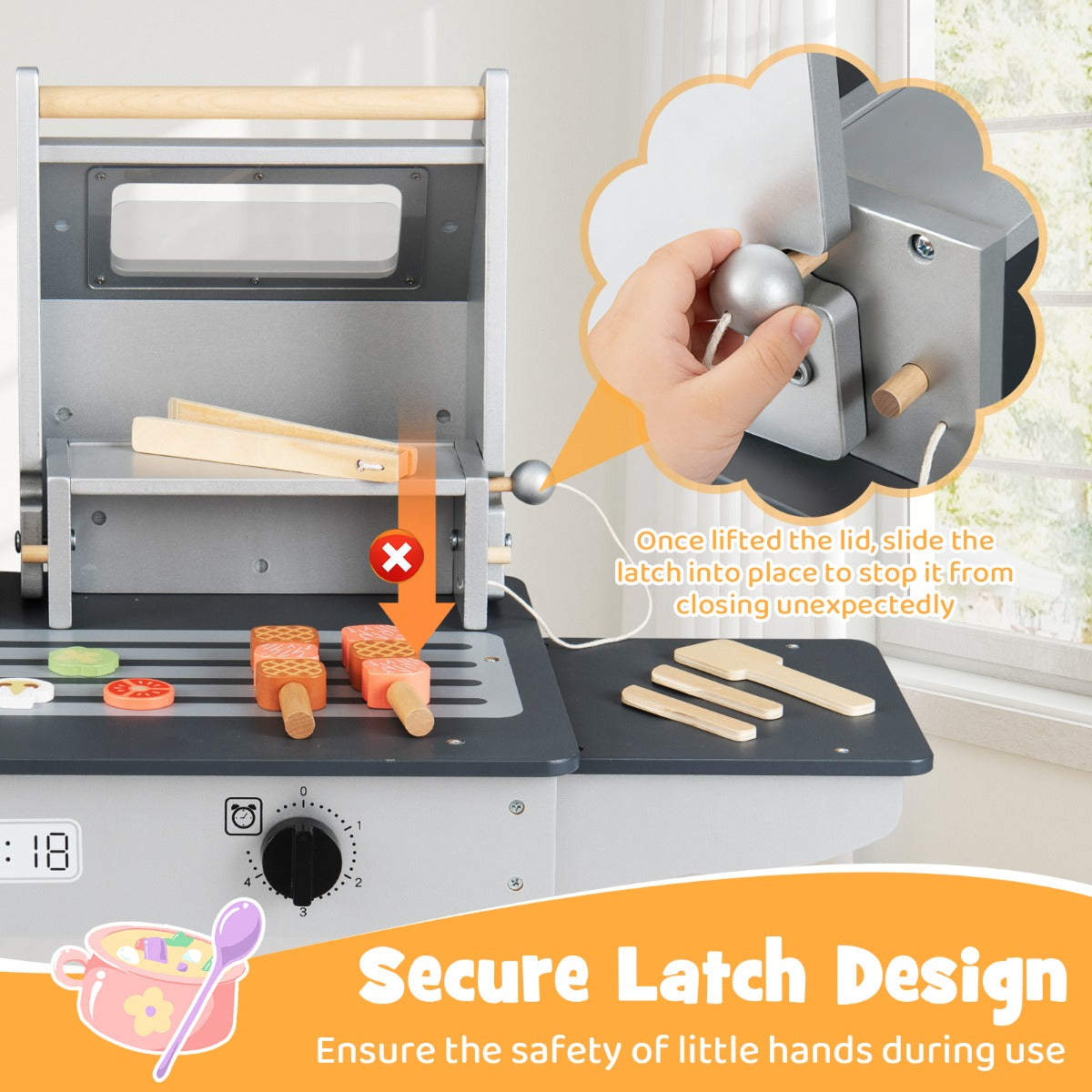 Barngrill – med grillbestick och leksaksmat vikbara lock, grillleksak – Grå