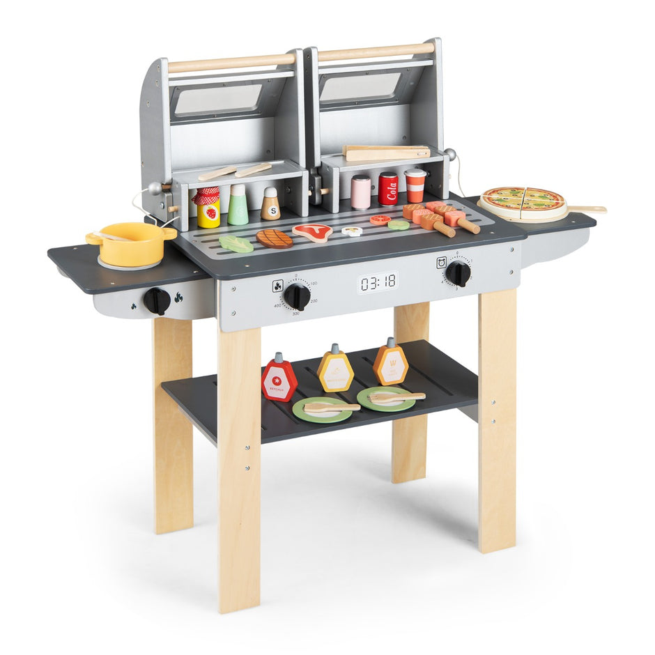 Barngrill – med grillbestick och leksaksmat vikbara lock, grillleksak – Grå