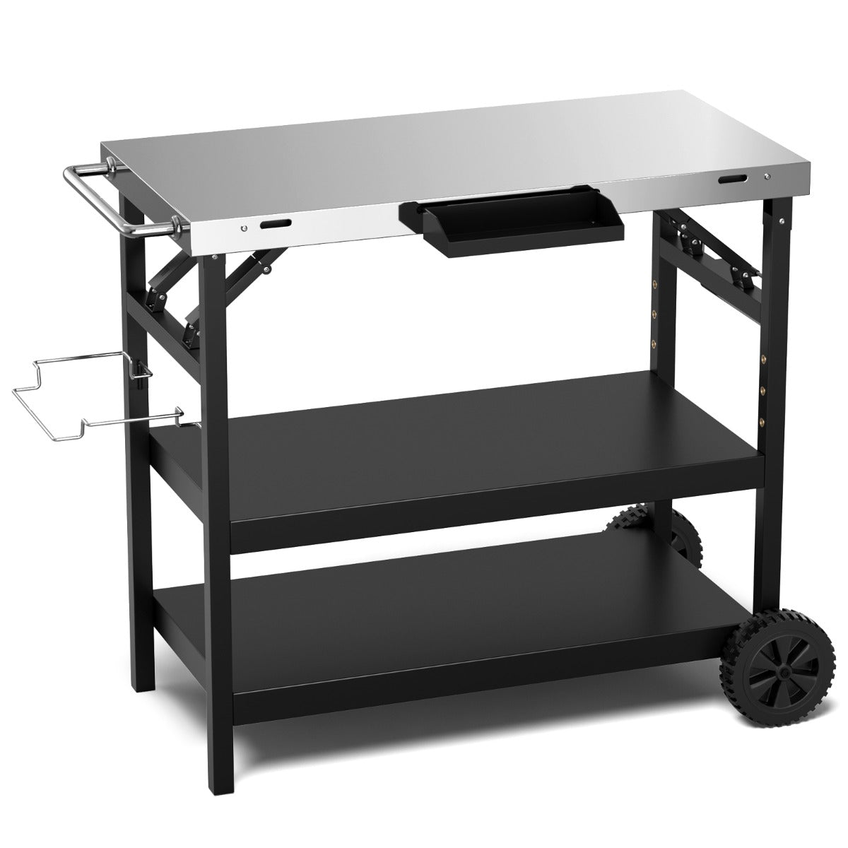 Grillbord – med hyllor och mobilställ kryddställ handdukshållare serveringsvagn – 3 – Svart och silver