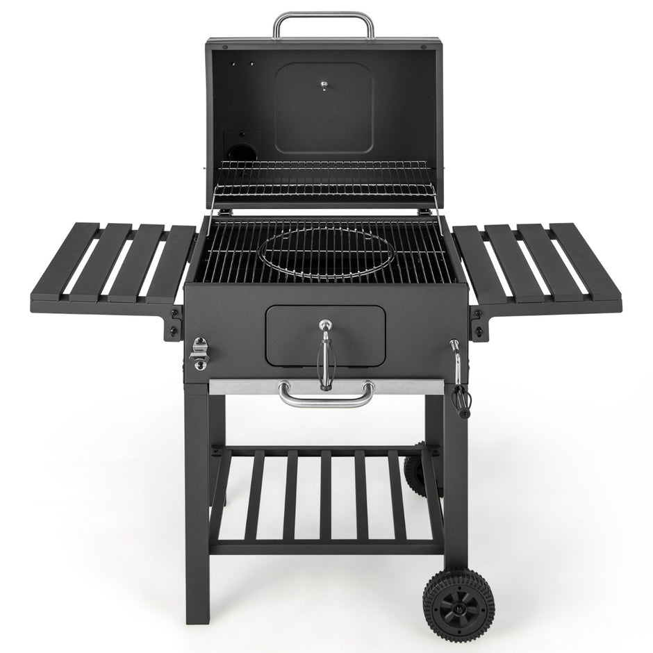 Kolgrill – med lock och fällbara sidobord krokar termometer flasköppnare – 2 8 – Svart