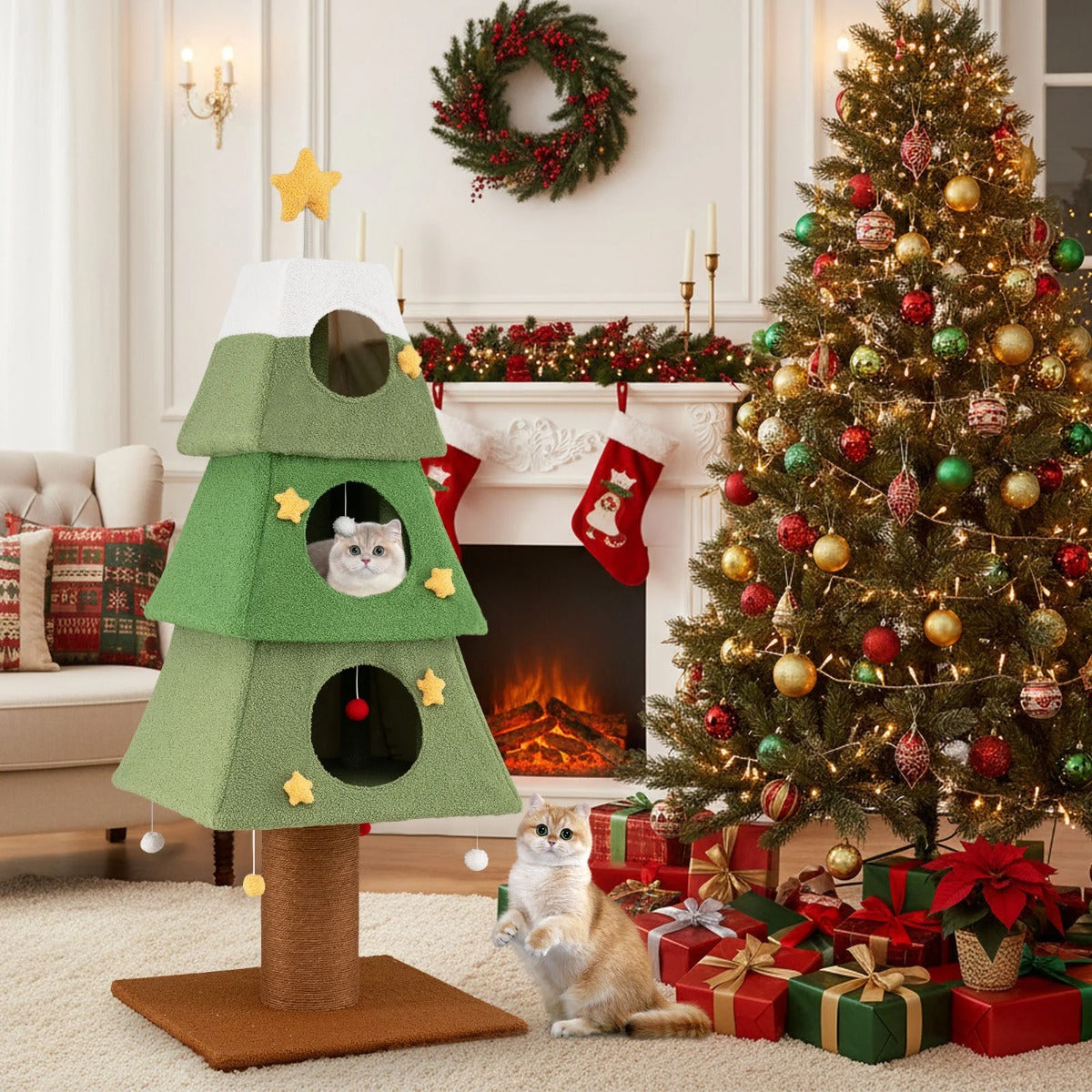 Stor – julklappskratzbaum för inomhuskatter Söt kattklätterträd – 162 cm – Grön