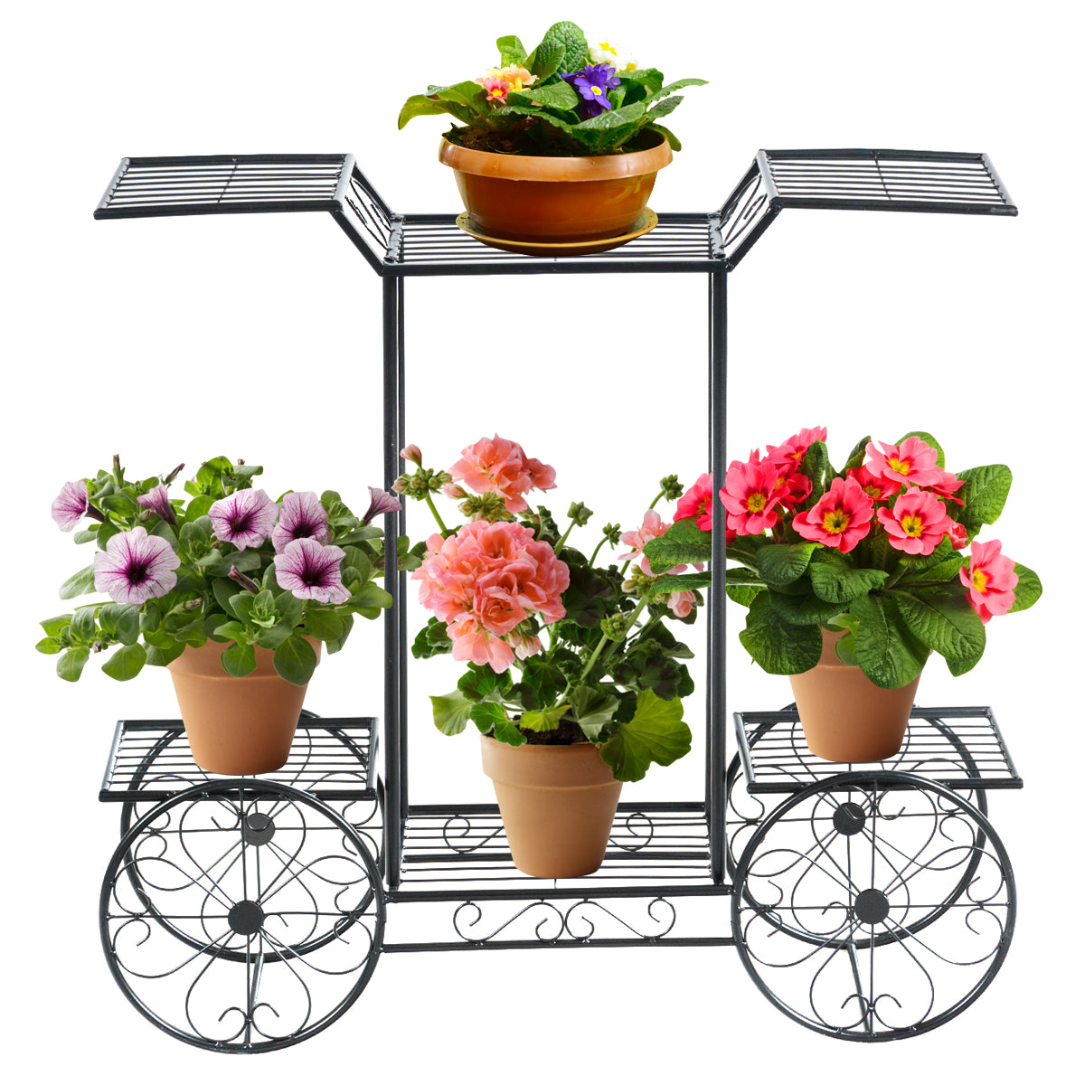 Dekorativt – blomsterställ Växtställ med hyllor Fristående blomstervagn för inom och utomhusbruk Metall – 6 80,5 x 25 x 75 – Svart