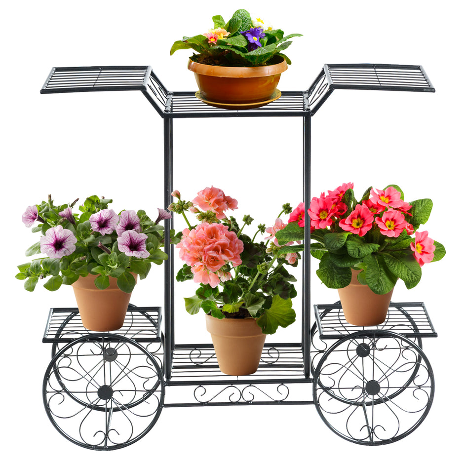 Dekorativt – blomsterställ Växtställ med hyllor Fristående blomstervagn för inom och utomhusbruk Metall – 6 80,5 x 25 x 75 – Svart