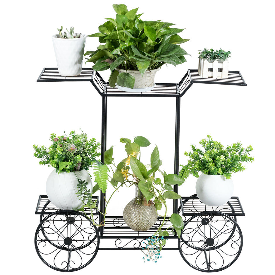 Dekorativt – blomsterställ Växtställ med hyllor Fristående blomstervagn för inom och utomhusbruk Metall – 6 80,5 x 25 x 75 – Svart
