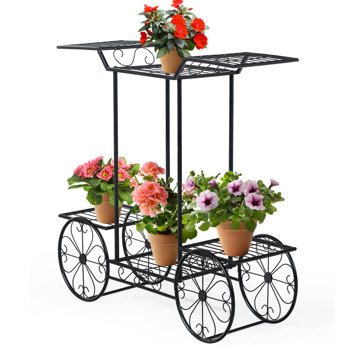 Dekorativt – blomsterställ Växtställ med hyllor Fristående blomstervagn för inom och utomhusbruk Metall – 6 80,5 x 25 x 75 – Svart