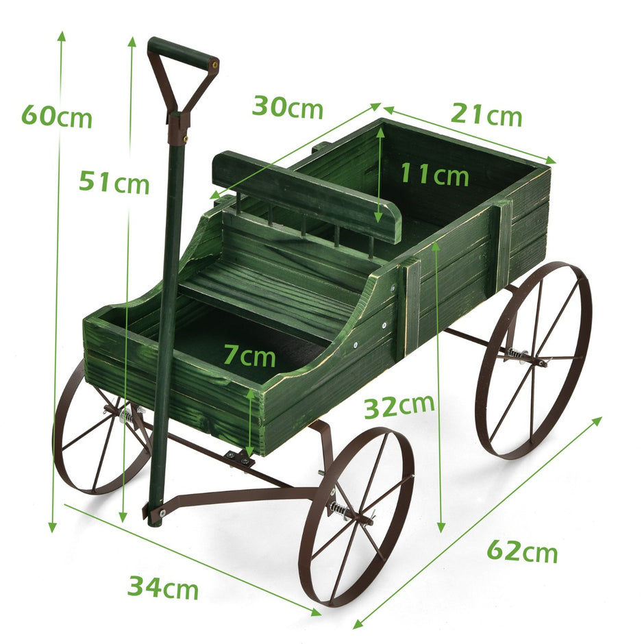 Trävagn – Blomlåda Dekorativ blomsterlåda med hjul – 62 x 34 x 60 cm – Grön