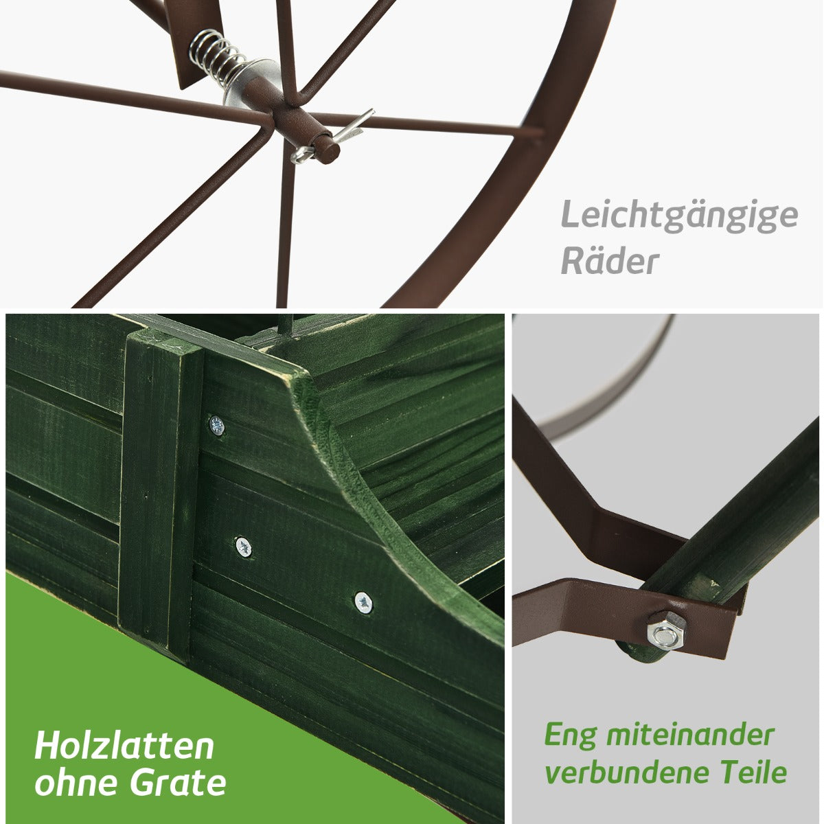 Trävagn – Blomlåda Dekorativ blomsterlåda med hjul – 62 x 34 x 60 cm – Grön