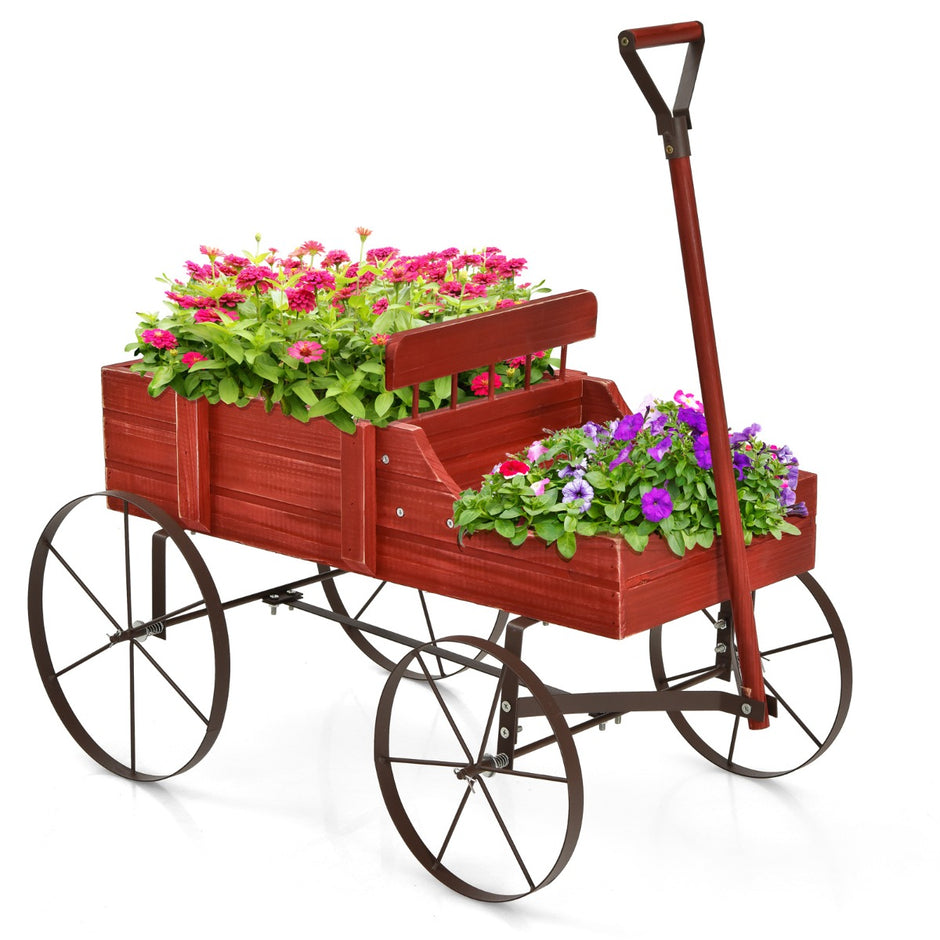 Blomsterställ – Trävagn Växtvagn Blomstervagn med Metall – 62 x 34 x 60 cm – Röd