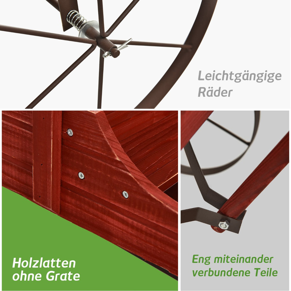 Blomsterställ – Trävagn Växtvagn Blomstervagn med Metall – 62 x 34 x 60 cm – Röd