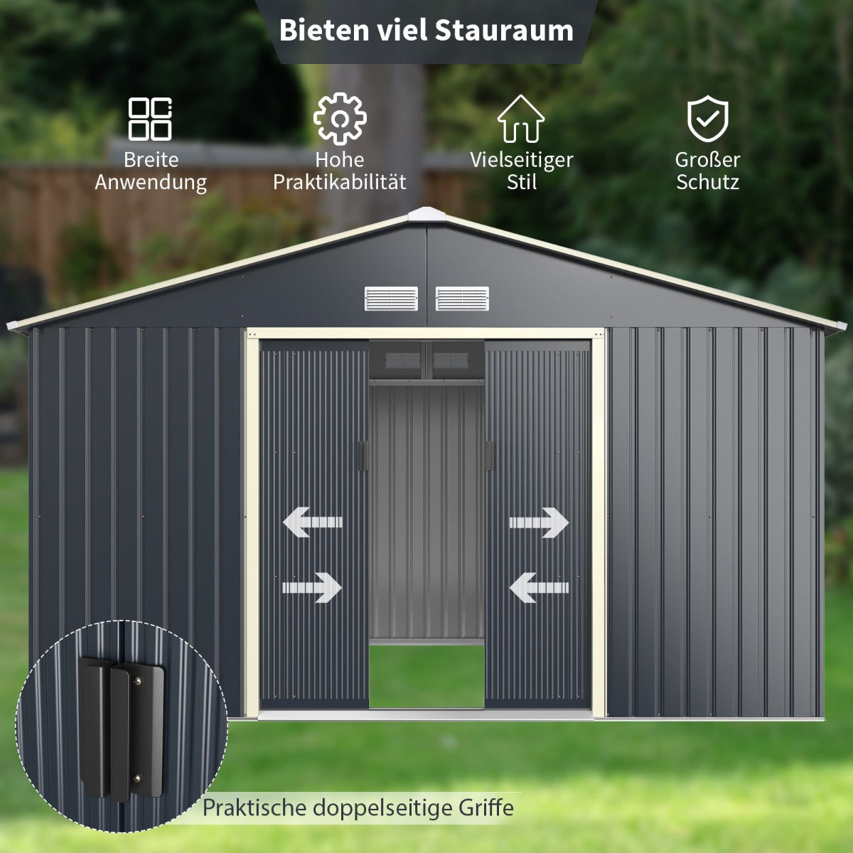 Verktygsskjul – i metall med luftventiler och skjutdörr låsbart Utomhus (endast verktygsskjul) – 4 340 x 255 x 210 cm – Grå