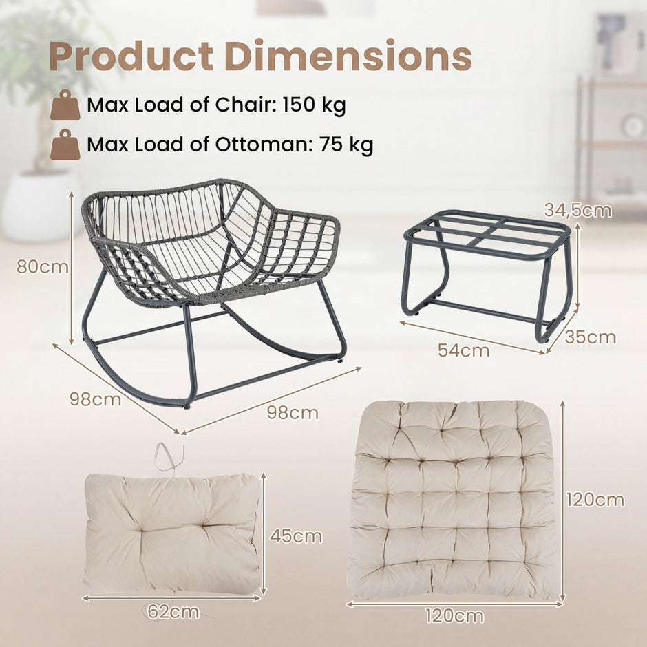 Gungstol – med pall, gungfåtölj av PE rotting och metallram, ergonomisk relaxfåtölj – Beige