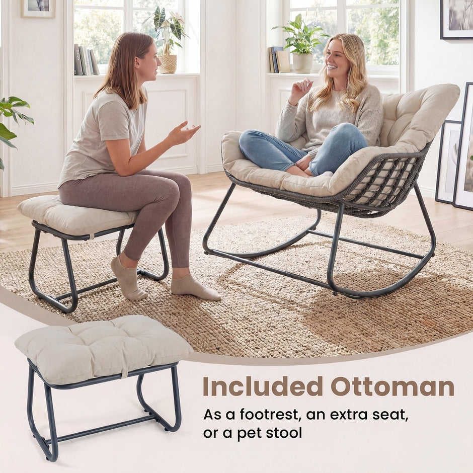 Gungstol – med pall, gungfåtölj av PE rotting och metallram, ergonomisk relaxfåtölj – Beige