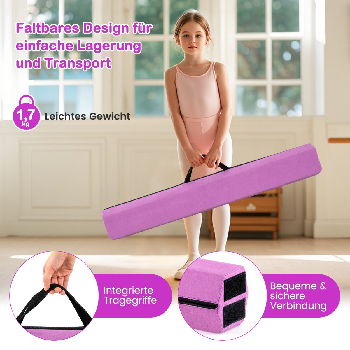 Balansbalk, – gymnastikbalk, hopfällbar, halkfri, upp till – 73 kg 210 cm – Lila