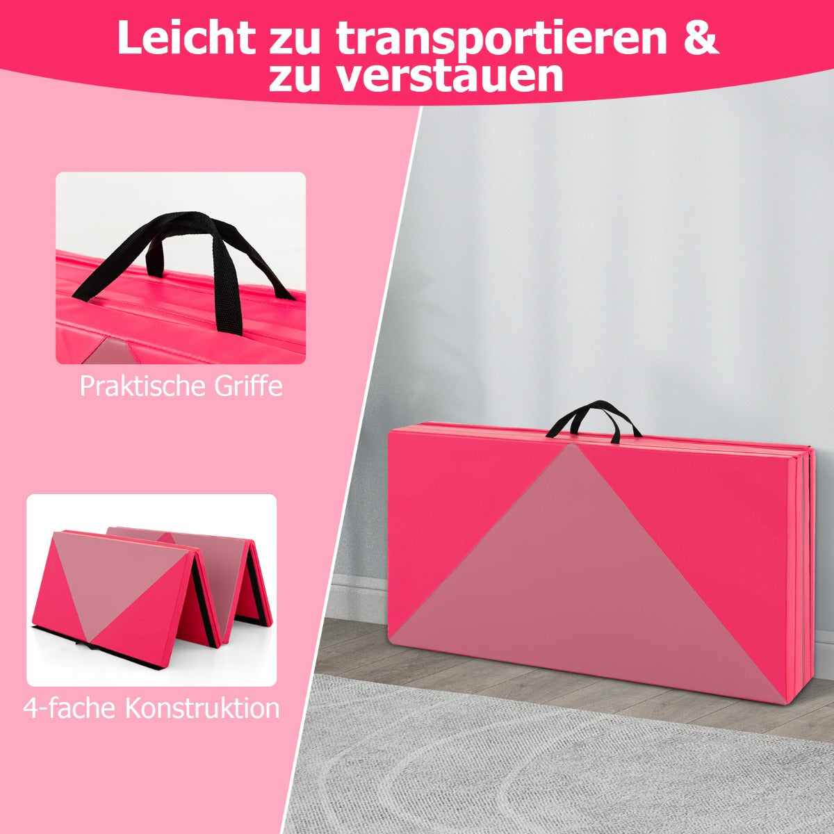 Vikbar – mjuk golvmatta Bärbar Gymnastikmatta Yogamatta – 240 x 117 x 5 cm – Rosa