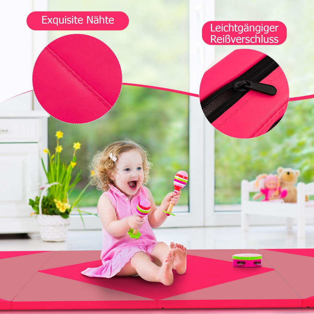 Vikbar – mjuk golvmatta Bärbar Gymnastikmatta Yogamatta – 240 x 117 x 5 cm – Rosa