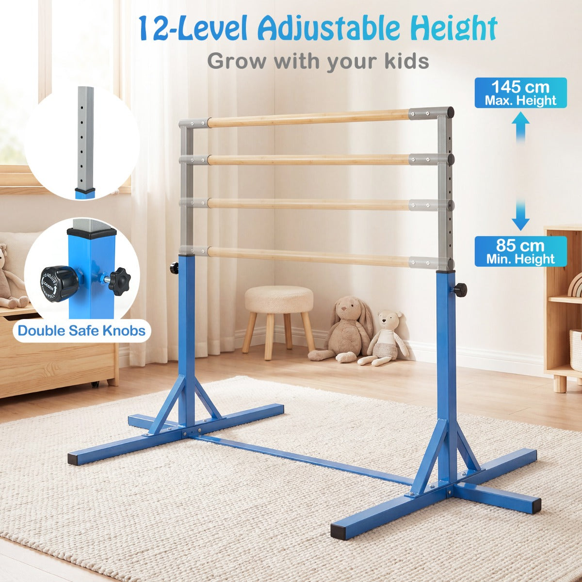 Gymnastikstång – horisontell Barrstång med stegs höjdjustering från – 12 85-145 cm – Blå