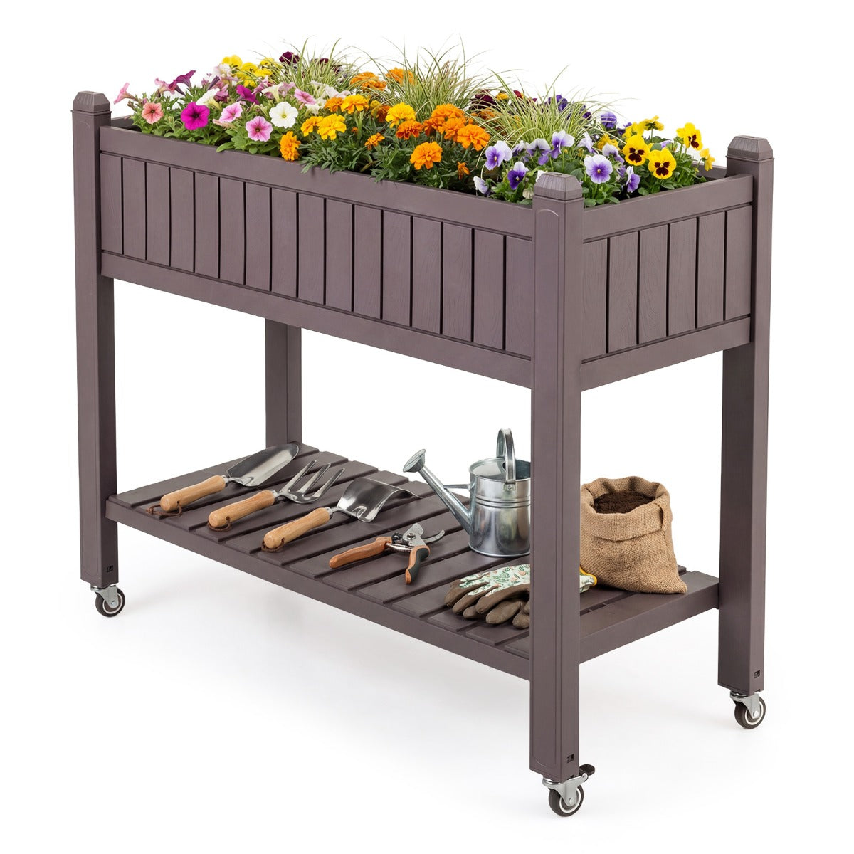 Höjdsäng – med hjul, delbar grönsaksäng vattennivåindikator – Brun