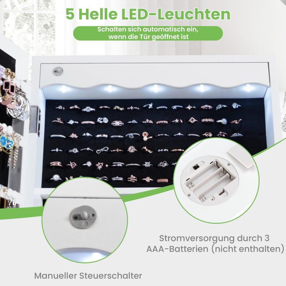 Smyckesskåp – Hängande Sipegelskåp med LED belysning – 36,5 x 11,5 x 120 cm – Vit