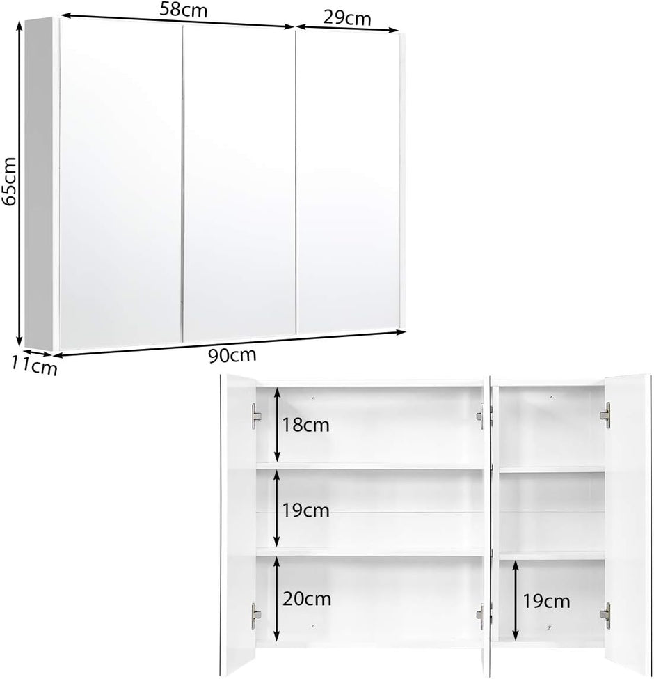 Spegelskåp – med ställbara hyllor – 90 x 11 x 65 cm – Vit