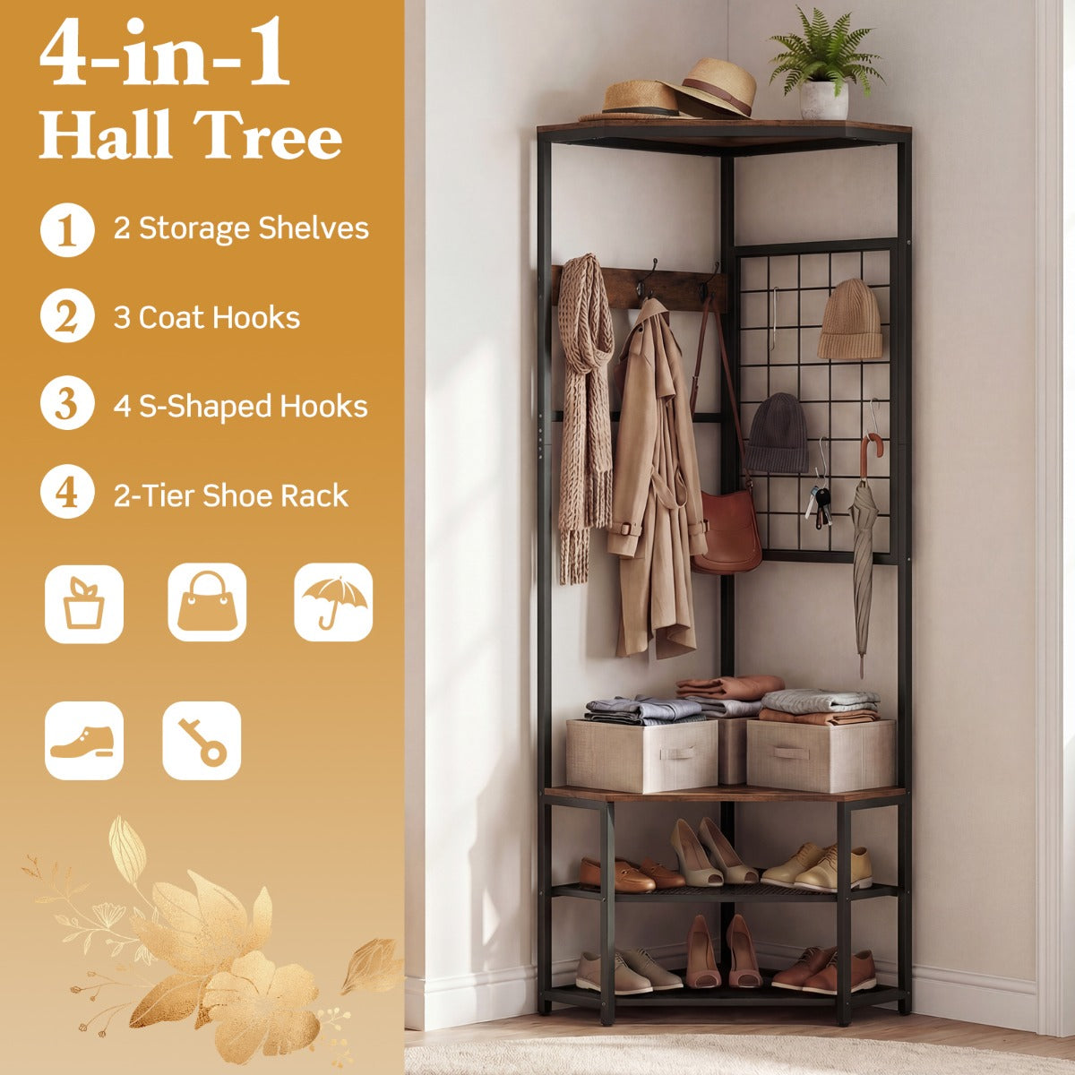 i – Hörnkopparbård från Metall platsbesparande klädhängare med krokar Rustiskt Brun – 3 1 49 x 49 x 171 cm – Rustik brun