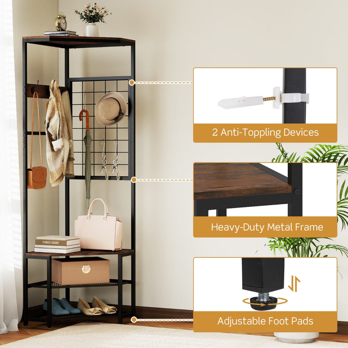 i – Hörnkopparbård från Metall platsbesparande klädhängare med krokar Rustiskt Brun – 3 1 49 x 49 x 171 cm – Rustik brun