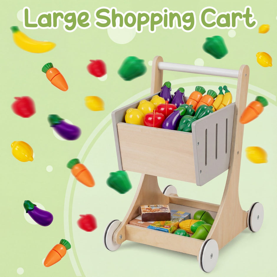 Barnhandelsaffär – köpmannaffär trä med kundvagn försäljningsautomat leksak kassa disk – Natur
