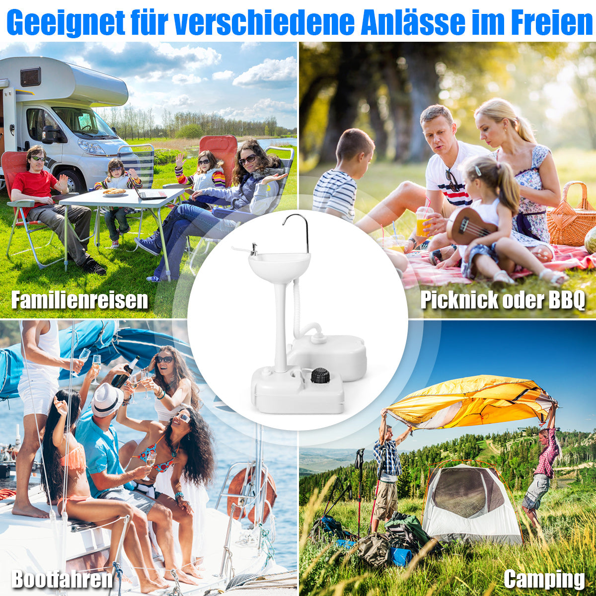 Bärbar – campingdisk med 17L vattentank och hjul handduksställ fotpump – Vit