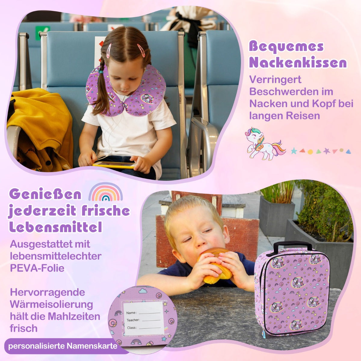 delat – set Barnbagageset tums rullväska med ryggsäck och nackkudde bagagelapp lunchlåda – 5 16 – Rosa