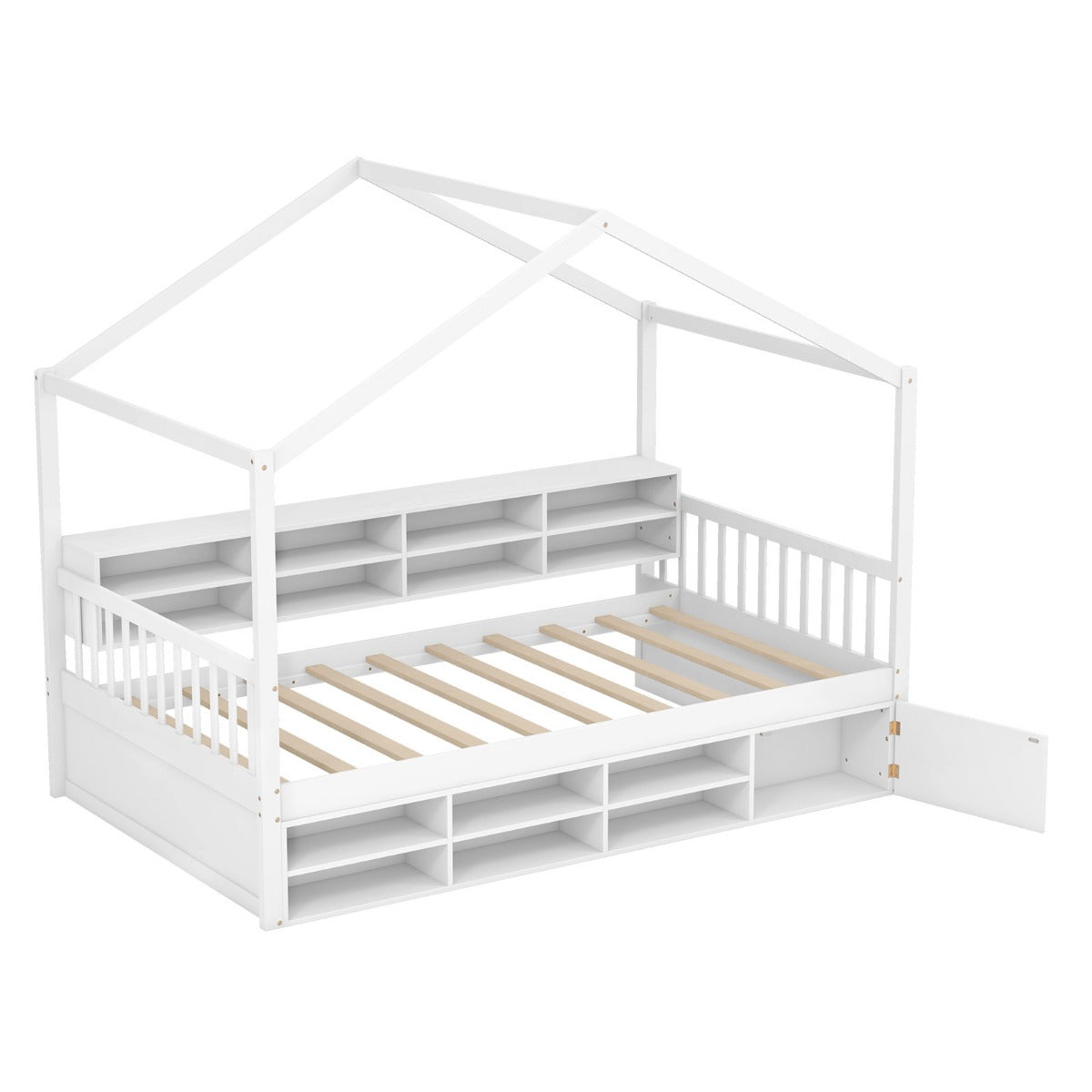 Hussäng – Barnsäng i husform med fallskydd och lamellram fack – 200 x 90 cm 14 – Vit