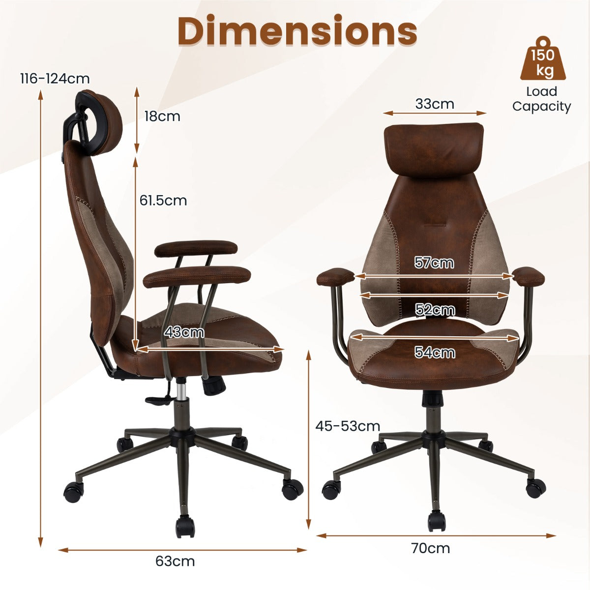 Ergonomisk – kontorsstol, datorbordsstol med mockatygsryggstöd och huvudstöd, brunt. – Brun