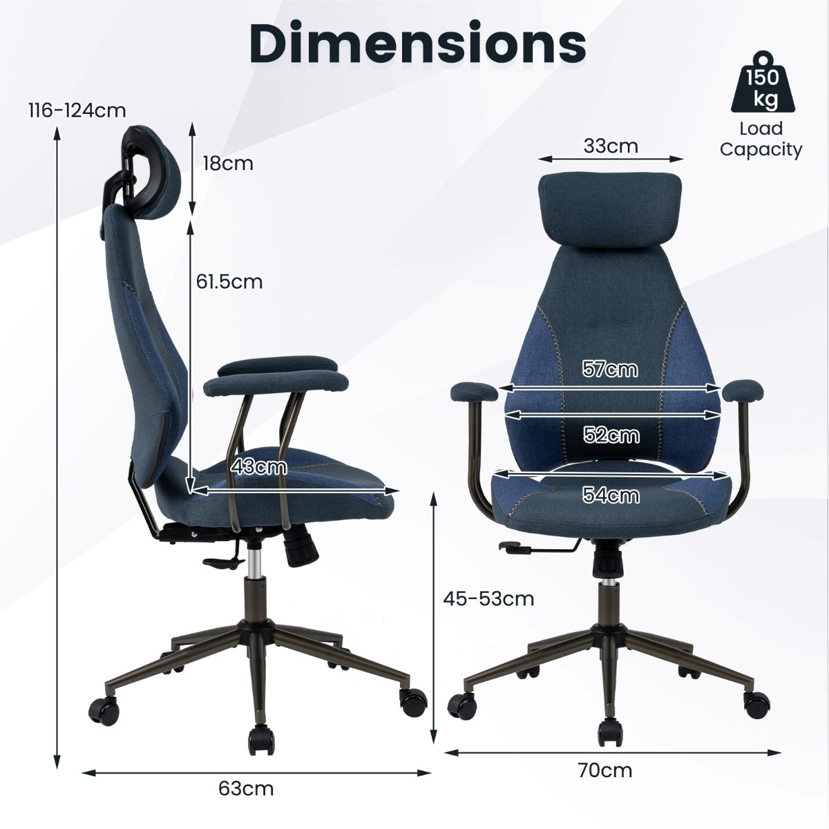 Ergonomisk – kontorsstol med linneduk och justerbart ryggstöd huvudstöd, skrivbordsstol, – . – Blå