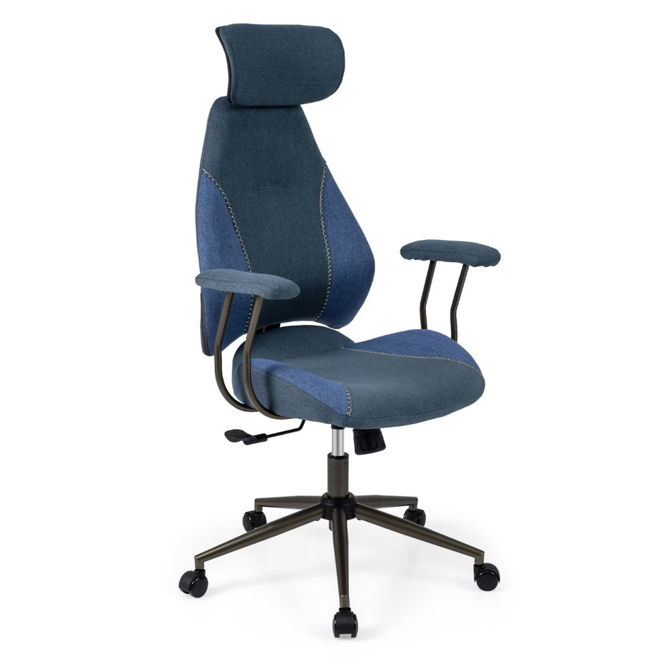 Ergonomisk – kontorsstol med linneduk och justerbart ryggstöd huvudstöd, skrivbordsstol, – . – Blå