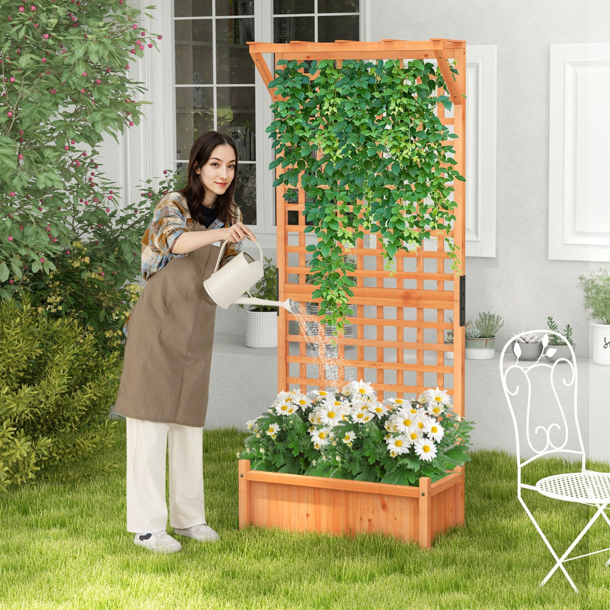 Blomlåda – med spaljé och tak dräneringshål kruka – 75 x 33 x 181 cm – Natur