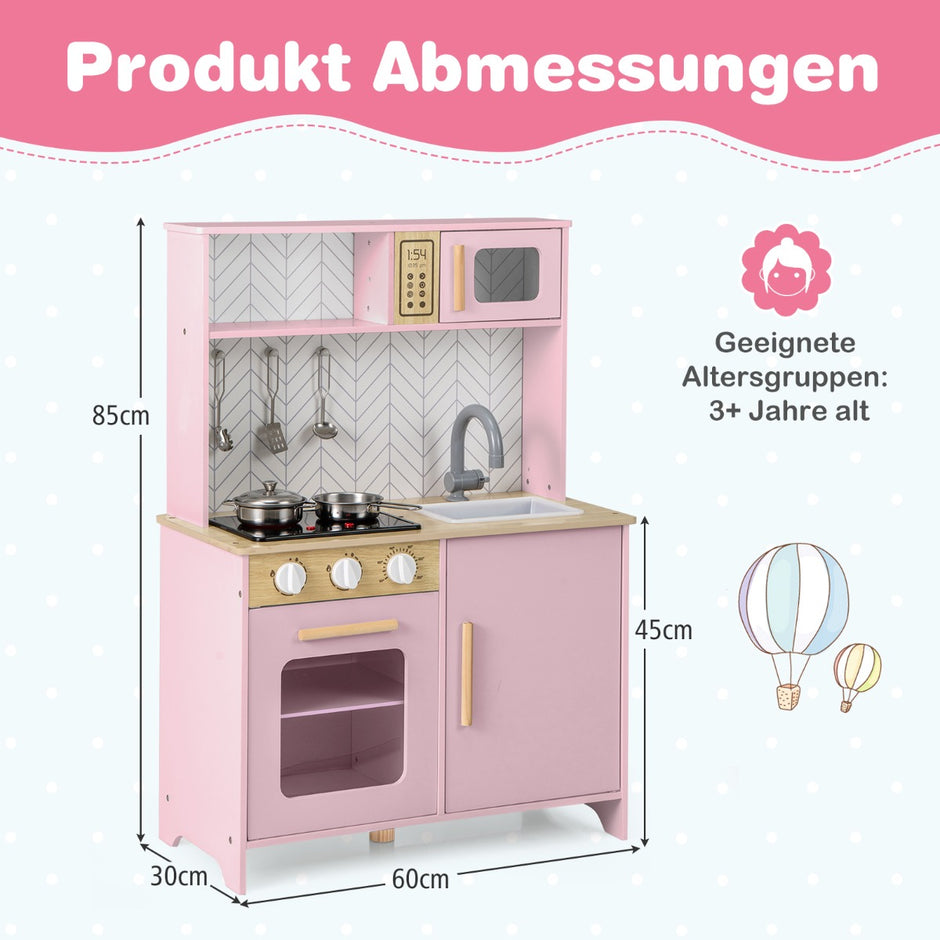 Träbarnskök – med mikrovågsugn, spis, diskho och ugn Lekköksbarnskök – Rosa